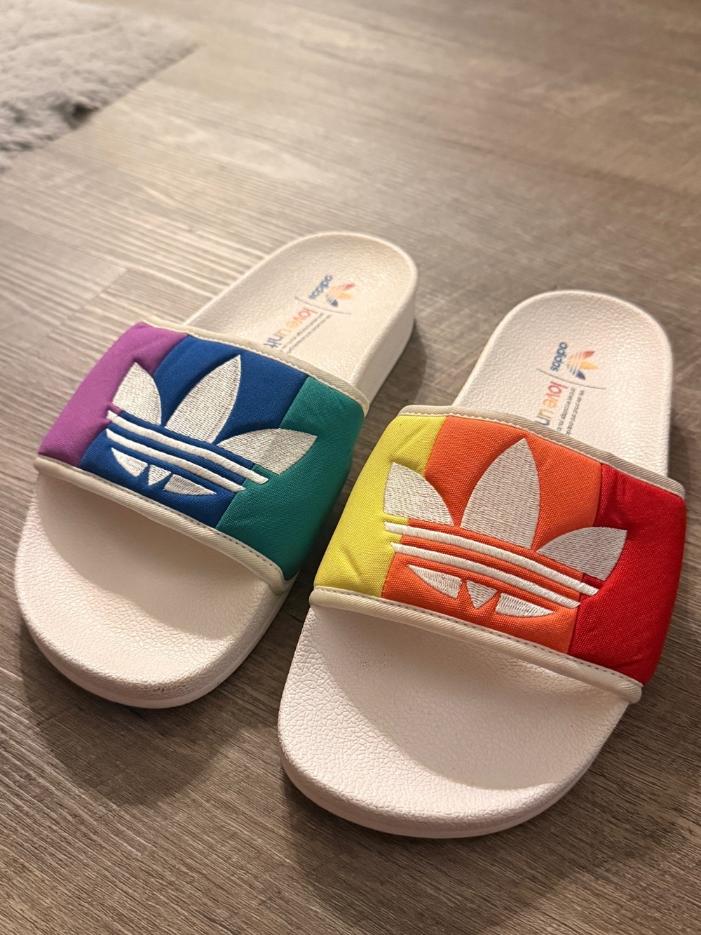 Adidas White Slides with Rainbow Trefoil Strap - Love Unites Pride Collection